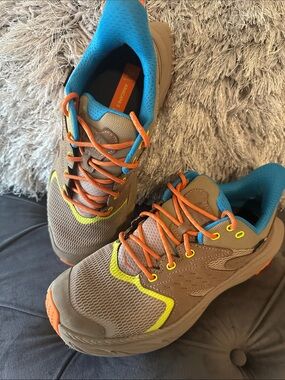 Hoka  Men’s Brown Sneakers with Blue Lining and Orange Laces